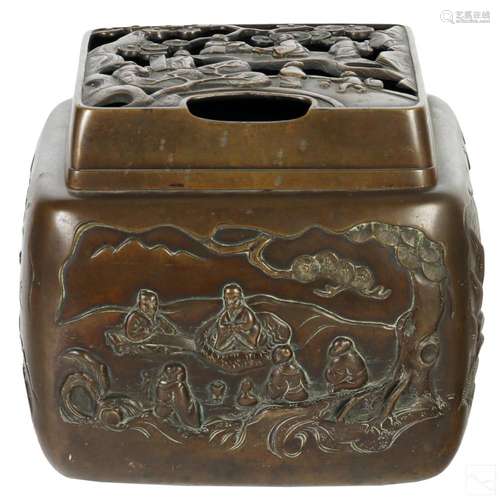 Chinese Late Republic Bronze Immortals Incense Box