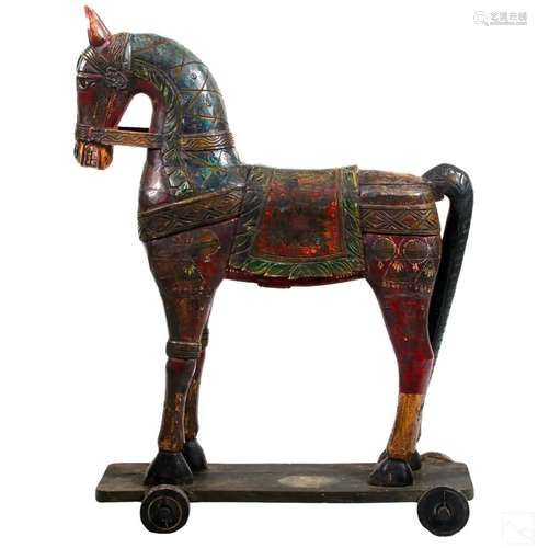 Chinese Monumental Wheeled Wood Tang Horse Statue