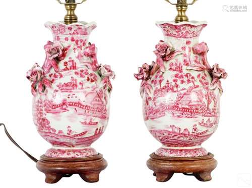 Chinese Landscape Famille Rose Porcelain Lamp PAIR