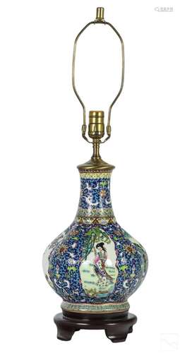 Chinese Porcelain Figural Courtesan Landscape Lamp