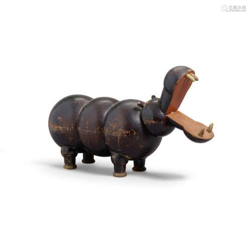 A PAINTED WOOD FIGURE OF A HIPPO length 14 1/2in (37cm)