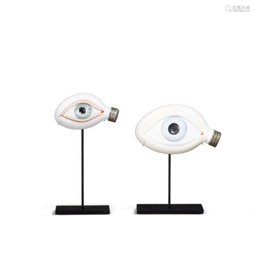 TWO PAINTED MILK GLASS 'EYEBALL' FLASKS WITH METAL C...