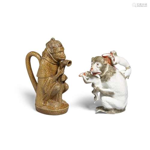 TWO CONTINENTAL GLAZED CERAMIC MONKEY PITCHERS 20th centuryh...