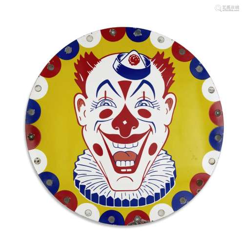 A CIRCULAR ENAMELED METAL CLOWN SIGN mid 20th centurydiamete...