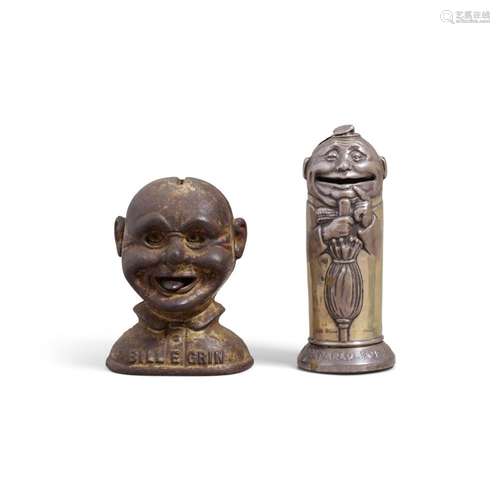 TWO CLOWN-FORM PIGGY BANKS early 20th centurythe taller silv...