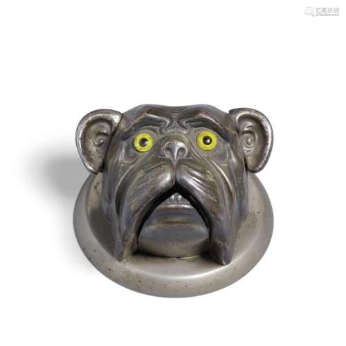 A SILVERED METAL AND GLASS MECHANICAL BULLDOG BELL early 20t...