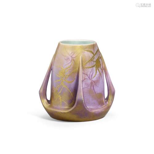 A FOUR HANDLED LUSTRE-GLAZED EARTHENWARE VASE WITH THISTLE D...