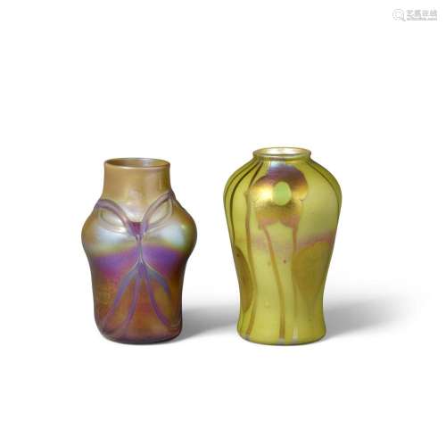 TWO DECORATED IRIDESCENT GLASS VASES ATTRIBUTED TO TIFFANY S...