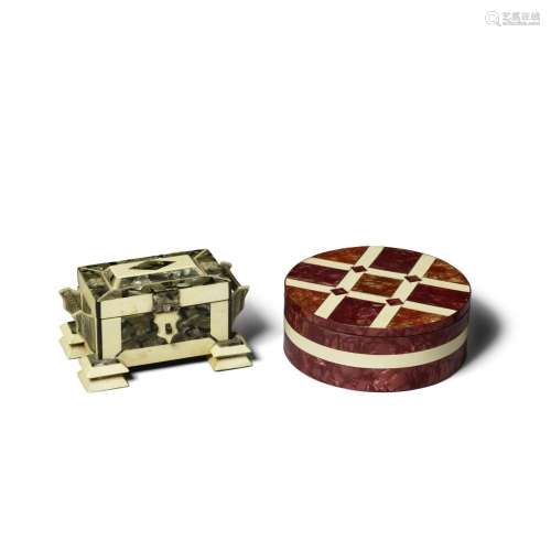 TWO IVORINE AND MARBELIZED ACRYLIC INLAID BOXES diameter of ...