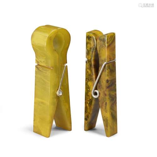 TWO BAKELITE OVERSIZED CLIPS OR CLOTHES PINS each marbleized...