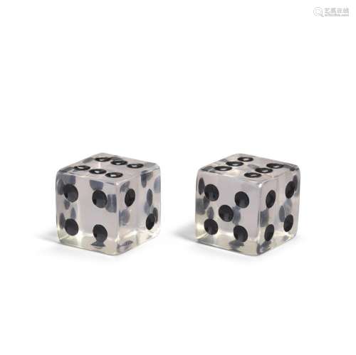 TWO OVERSIZED CLEAR BAKELITE DICE with painted inset black d...