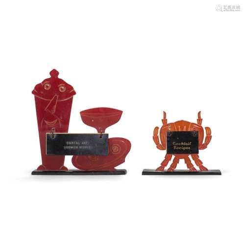 TWO BAKELITE FIGURAL RECIPE STANDS one with red animated coc...