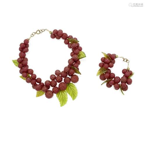 A RARE BAKELITE RASPBERRY NECKLACE AND BRACELET SET each wit...