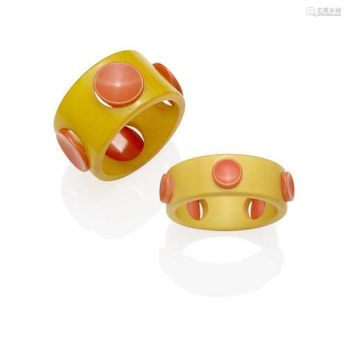 TWO RAISED DOT BAKELITE BRACELETS one wide with translucent ...