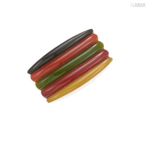 A BAKELITE PHILADELPHIA BROOCH with multicolor rows and pin ...