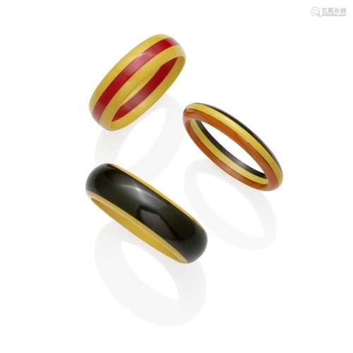 THREE LAMINATED MULTICOLOR BAKELITE BANGLES comprising a bla...