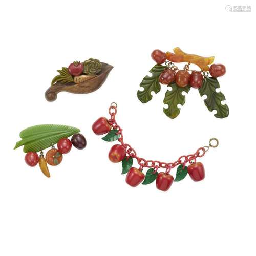 THREE BAKELITE BROOCHES AND A BRACELET WITH FRUIT comprising...