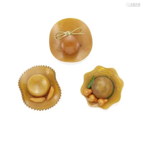 THREE BAKELITE HAT BROOCHES two with Bakelite fruit affixed ...