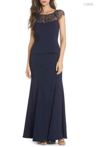 Xscape Beaded Crepe Trumpet Gown Size 10 - Blue L22603