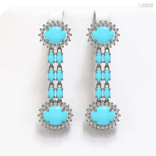 7.39 ctw Turquoise & Diamond Earrings 14K White Gold