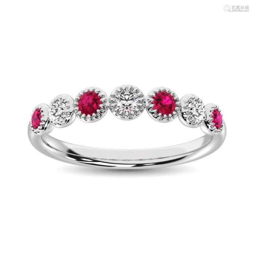 Diamond 1/5 Ct.Tw. And Ruby Stack Band in 14K White Gold ( 3...