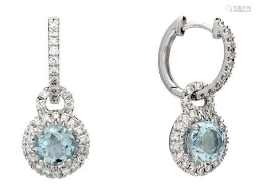 Aquamarine And Diamond Round Halo Dangle Earrings In 14k Whi...