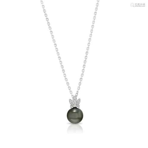 Tahitian Pearl And Diamond Crown Pendant In 14k White Gold 1...