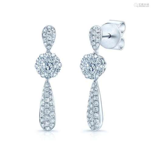 Diamond Cluster Puff Pave Drop Earrings In 14k White Gold