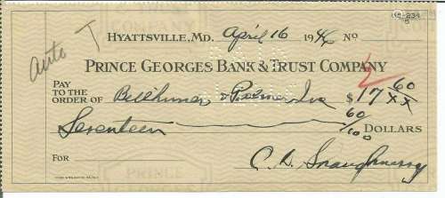 Clark Shaughnessy CHOF Signed/Autographed 1946 Bank Check 15...