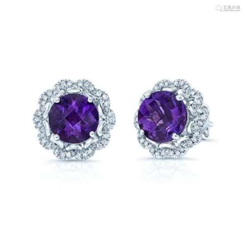 Amethyst And Diamond Round Scalloped Frame Earrings In 14k W...