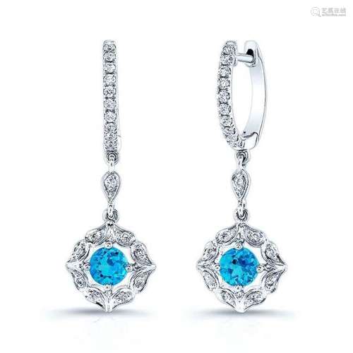 Blue Topaz Round And Diamond Earring In 14k White Gold