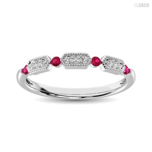Diamond 1/5 Ct.Tw. And Ruby Stack Band in 14K White Gold ( 9...