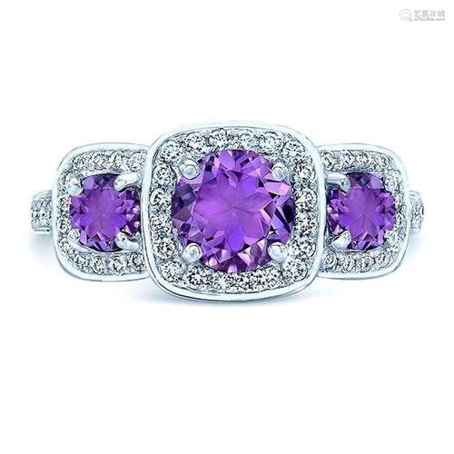 Amethyst And Diamond Three Stone Halo Ring In 14k White Gold