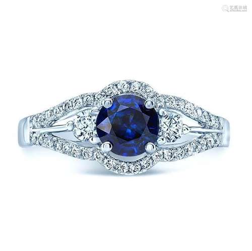 Round Blue Sapphire And Diamond Split Shank Halo Ring In 14k...