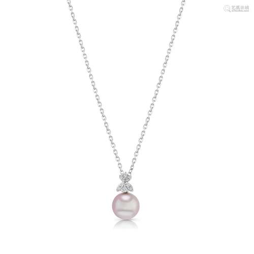 Freshwater Pink Pearl And Diamond Four Leaf Pendant In 14k W...