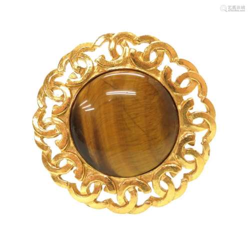 Chanel Vintage Coco Mark Stone Gold Brooch Brown Accessories