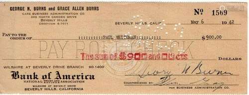 George Burns Signed Autographed Bank Check Comedy Legend 5/6...