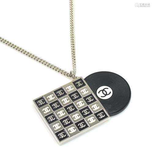 Chanel Necklace Coco Mark Record Black Silver Plastic Ladies