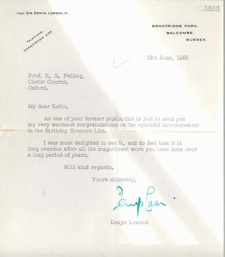 Lord Mayor of London in 1950-51 Sir Denys Lowson Signed TLS ...