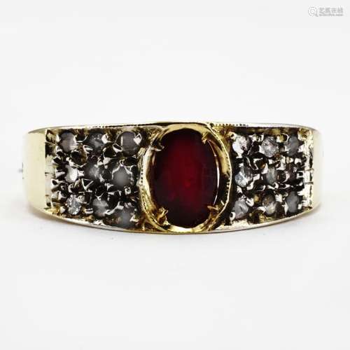 14 kt. Gold, Silver - Ring - 0.48 ct Diamond - Rubies