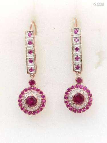 9 kt. Pink gold, Silver - Earrings - 0.80 ct Ruby - Diamonds...
