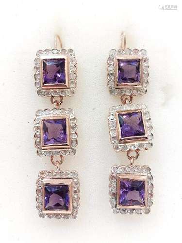 9 kt. Pink gold, Silver - Earrings - 2.00 ct Amethyst - Diam...