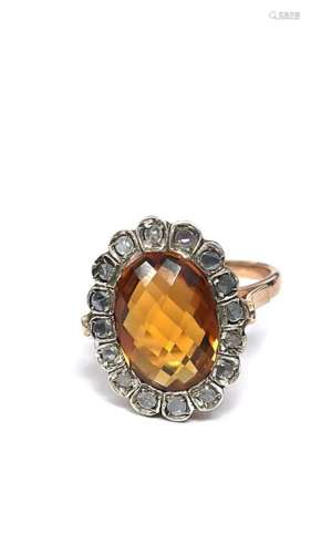 14 kt. Pink gold, Silver - Ring - 3.50 ct Citrine - Diamonds