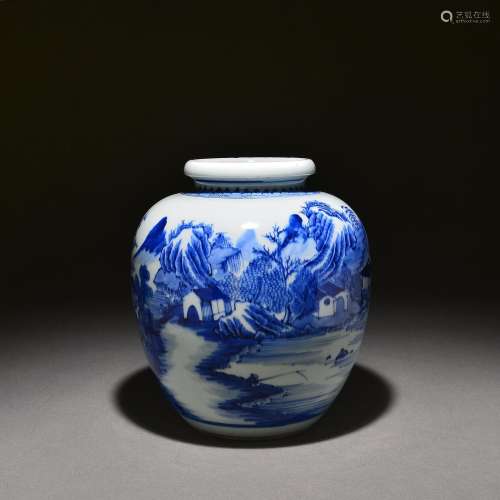 Taibai statue with blue and white landscape pattern