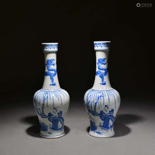 A pair of long-necked vases with blue and white boy Liuxia G...