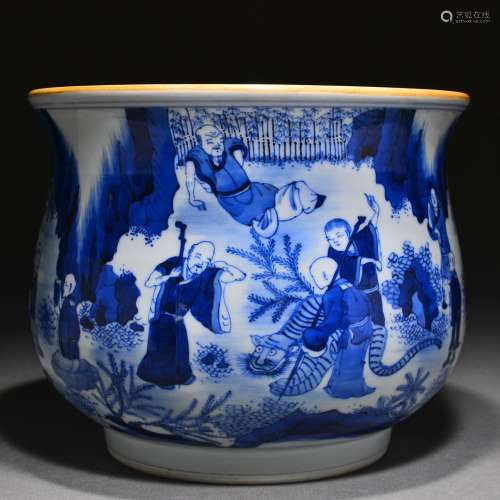 Blue and White Eighteen Arhats Large Incense Burner