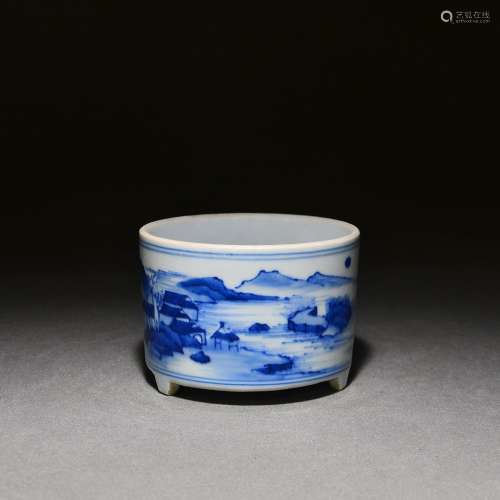 Blue and white landscape tube incense burner