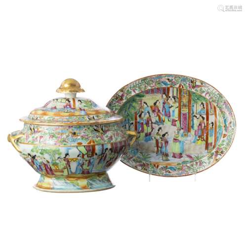 China porcelain tureen with Mandarin presentoir, Daoguang