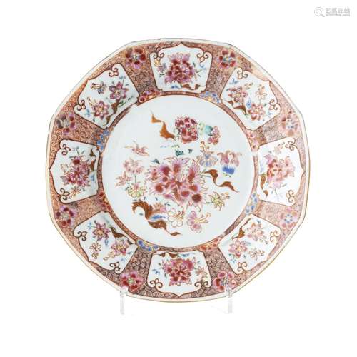 Chinese porcelain peony octagonal plate, Yongzheng