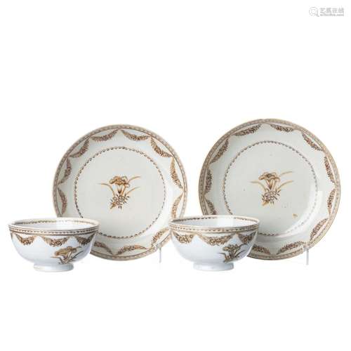 Pair of Chinese porcelain 'orchid' cups and saucers, Qianlon...